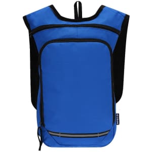 A blue backpack with black accents features a front pocket and a loop for hanging. It has a logo on the side.