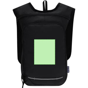 A black Rinix backpack with a front pocket featuring a green blank space and mesh side pockets.
