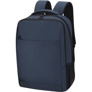 A navy blue backpack with padded shoulder straps and a front pocket, featuring a logo on the side.