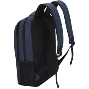 A navy and black backpack with padded straps and a side pocket, featuring a simple logo.