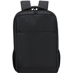 A black backpack featuring padded shoulder straps and a front pocket, with a branding logo.