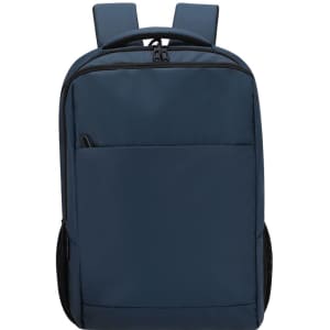 A navy blue backpack with multiple compartments, including a front pocket and padded shoulder straps. It features a logo.