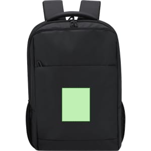 A black backpack with a green square patch and two shoulder straps on top. It features a front pocket.