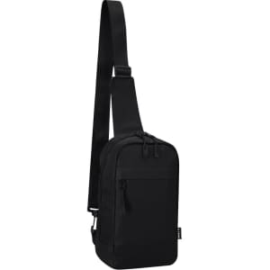 A black shoulder bag featuring a single adjustable strap and a zippered pocket on the front. It has a logo.