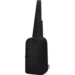 A black shoulder bag with a single strap and zippered compartments, featuring a logo on the front.