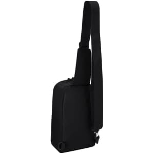 A black Palan shoulder bag with a single adjustable strap, featuring a minimalist design and a logo.