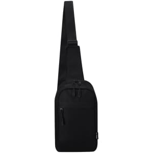 A black shoulder bag with a single adjustable strap and zippered compartments, featuring a logo.