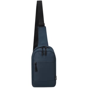 A blue shoulder bag with a single strap, featuring a front pocket and a logo.