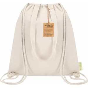 A cream drawstring cooler bag with rope handles, featuring a tag and branding.