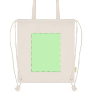 A light-coloured drawstring cooler bag with a blank green rectangular section and two drawstrings.