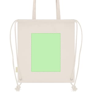 A light beige drawstring cooler bag with a plain green area in the centre and two drawstring closures at the sides.