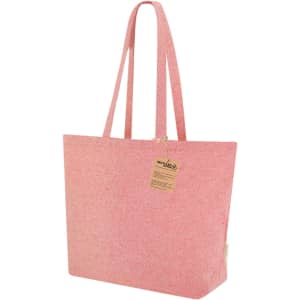 A pink tote bag with long handles and a tag, featuring a textured fabric look.