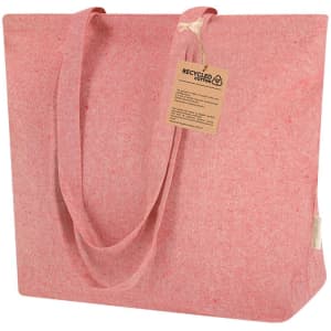 A pink tote bag made from recycled cotton, featuring sturdy handles and a tag.