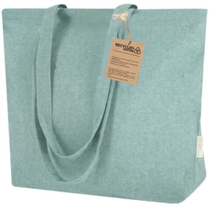 A teal tote bag made from recycled cotton with two handles and a tag attached.