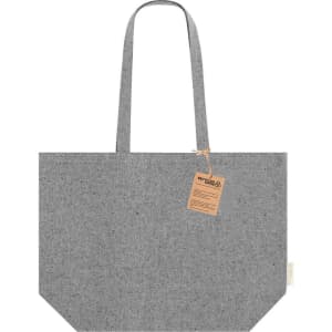 A grey tote bag with two straps and a tag attached. The bag features a simple, minimalist design.