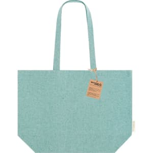 A turquoise tote bag with two handles and a tag attached. The bag has a solid design and a flat base.