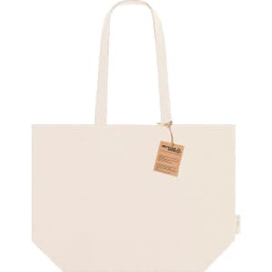 A cream tote bag with two handles and a tag attached, featuring a minimalist design.