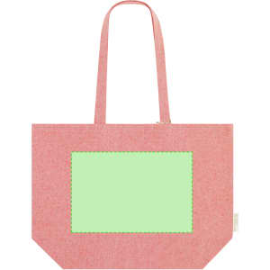 A pink tote bag featuring two handles and a blank rectangular area on the front, with a logo.