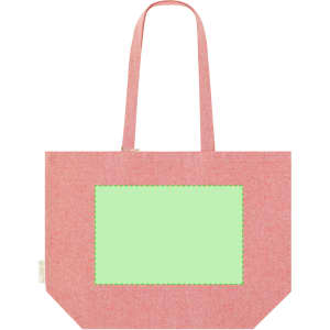 A pink tote bag with a blank green patch and two handles, featuring a logo on one side.