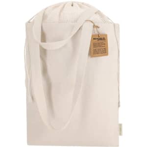 A cream-coloured tote bag with a mesh top, featuring long straps and a tag indicating recycled materials.