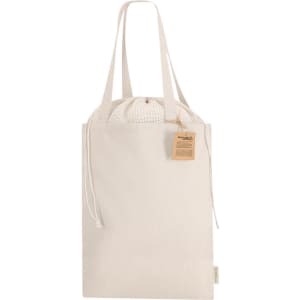 A cream-coloured tote bag with a drawstring closure and long handles, featuring a tag and a textured mesh inner lining.