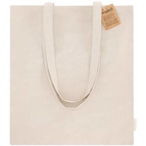 A beige tote bag with long handles and a tag, featuring a simple, minimalist design.
