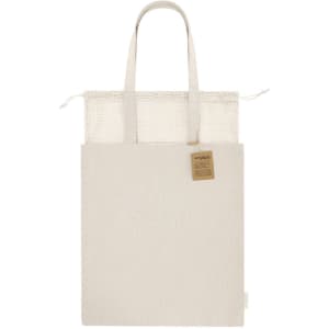 A cream tote bag with a mesh top section and two handles. It has a small tag and features a logo.