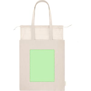 A light beige tote bag with two handles and a mesh top section, featuring a green outline for customization.