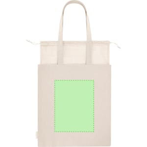 A beige tote bag with a mesh top and a green blank square for custom designs. It has two handles and a logo.