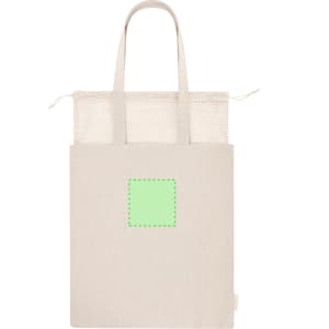 A light beige tote bag with a mesh pocket and a square area for branding or design. It has two handles.