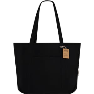 A black tote bag with two long straps and a front pocket, featuring a tag and a logo.