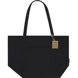 A large black tote bag with two handles and a front pocket, featuring a tag and a logo.