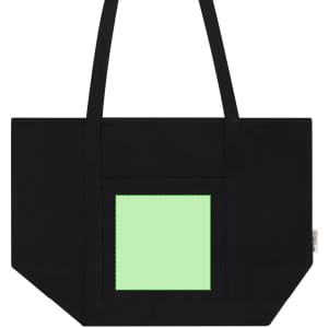 A black tote bag featuring a square panel in a light green colour. The bag has two long handles and a simple design.