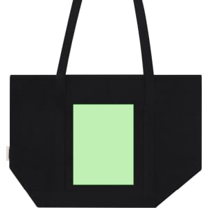 A black tote bag with a square green panel in the centre and two sturdy straps. It features a logo.