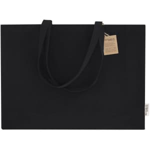 A black tote bag with two sturdy handles and a tag. It has a simple, minimalist design.