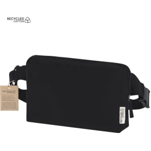 A black shoulder bag waist bag with an adjustable strap and a tag indicating it is made from recycled cotton.
