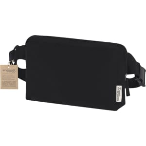 A black shoulder bag with a waist strap, featuring a plain design and a tag indicating recycled materials.