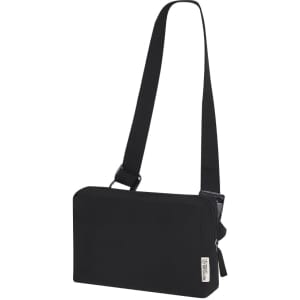A black shoulder bag with a single strap and a zippered compartment. It features a logo on the side.