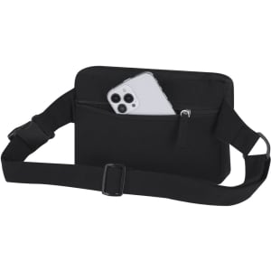 A black shoulder bag waistbag with a zippered pocket and a smartphone partially visible inside. It features an adjustable strap.
