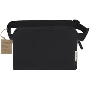A black shoulder bag waistbag with a zip closure and adjustable strap, featuring a tag and a branding label.
