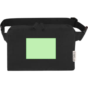 A black shoulder bag with a green rectangular panel and a logo tag. Features an adjustable strap.