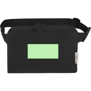 A black shoulder bag with an adjustable strap and a light green rectangular section on the front. Features a logo.