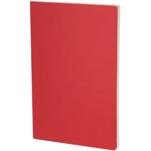 A red notebook with a smooth cover and blank pages, featuring a logo on the front.
