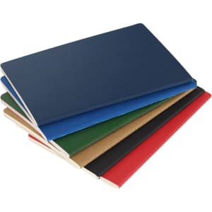 A collection of Qeton notebooks in blue, green, red, black, and brown, featuring a logo on the cover.