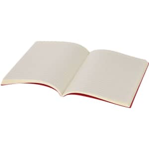 A red-covered notebook with blank, lined pages open, showcasing its interior design.