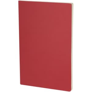 A red notebook with a plain cover, featuring a branded logo on the front.