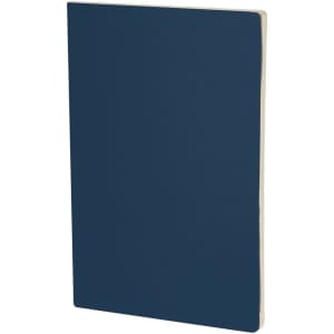 A navy blue notebook with a plain cover and a cream-coloured paper edge. It features a logo on the front.