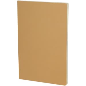 A plain tan notebook with a smooth cover and a side binding. It has no visible text or designs.