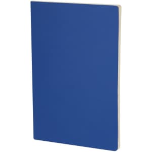 A blue notebook with a smooth cover and white pages, featuring a logo on the front.