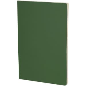 A green notebook with a plain cover and a visible binding, featuring a logo.
